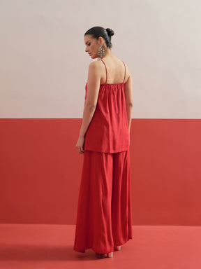 Red Embroidered Strappy Top With Palazzos-Shae by SASSAFRAS