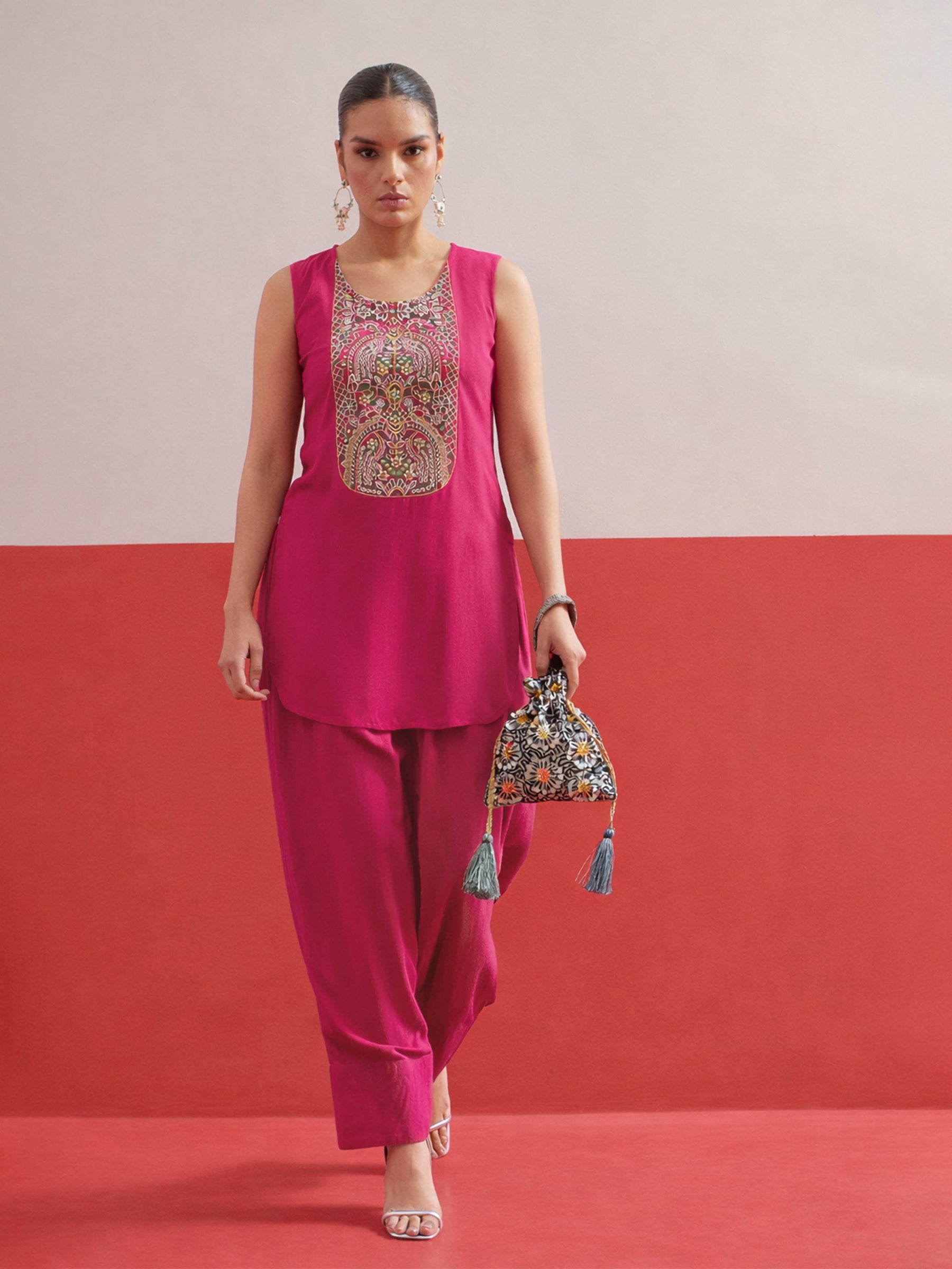 Fuchsia Embroidered Short Kurti With Farshi Salwar-Shae by SASSAFRAS