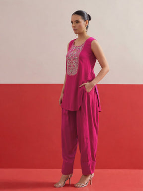Fuchsia Embroidered Short Kurti With Farshi Salwar-Shae by SASSAFRAS