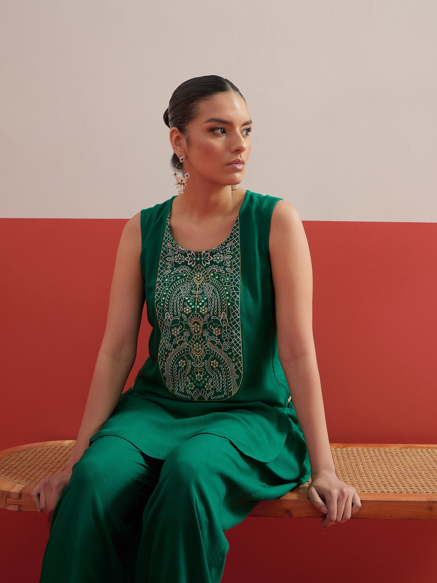 Green Embroidered Short Kurti With Farshi Salwar-Shae by SASSAFRAS