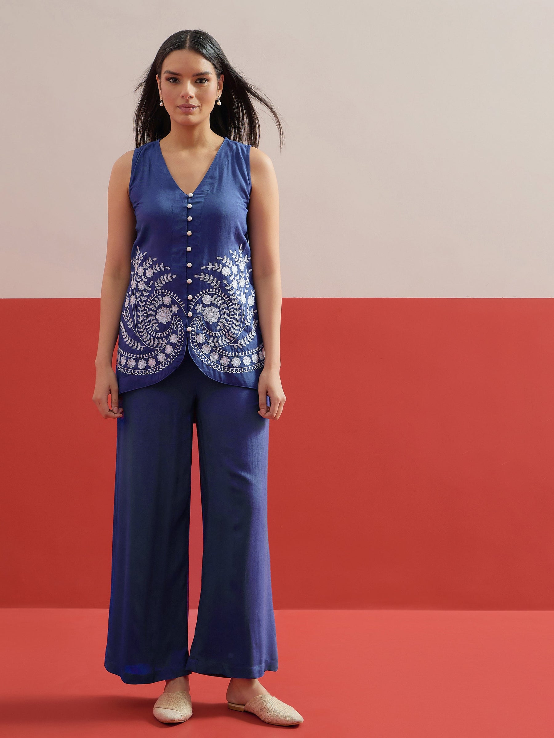 Blue Embroidered Sleeveless Button Down Top With Palazzos-Shae by SASSAFRAS