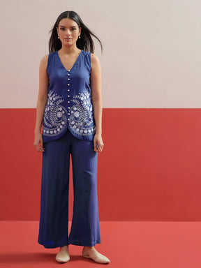 Blue Embroidered Sleeveless Button Down Top With Palazzos-Shae by SASSAFRAS