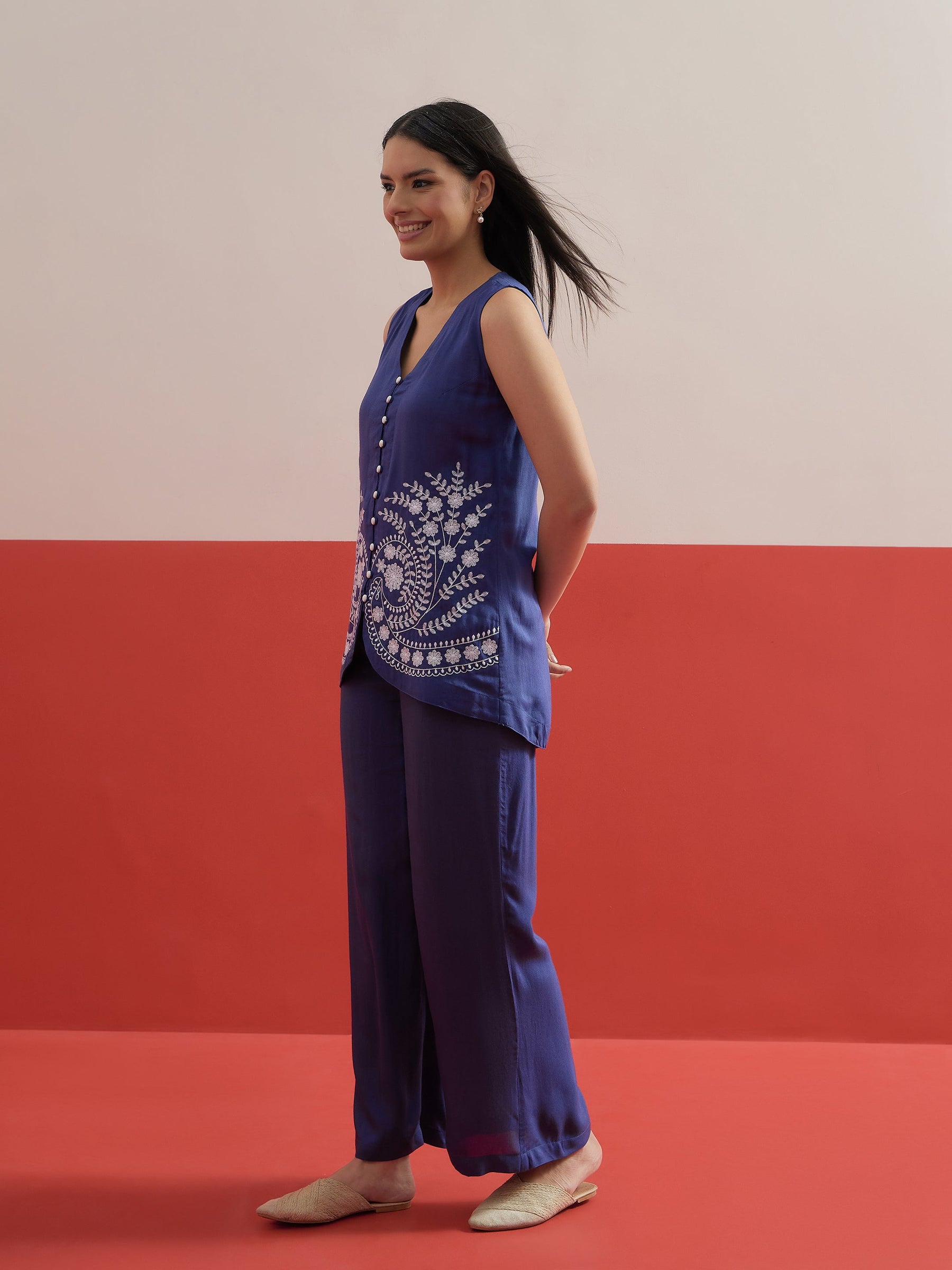 Blue Embroidered Sleeveless Button Down Top With Palazzos-Shae by SASSAFRAS