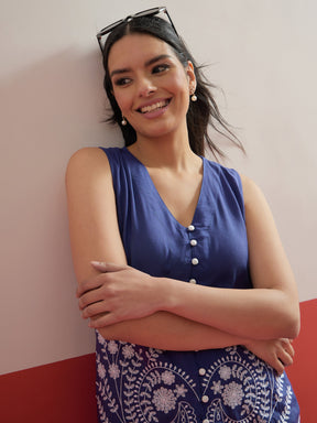 Blue Embroidered Sleeveless Button Down Top With Palazzos-Shae by SASSAFRAS