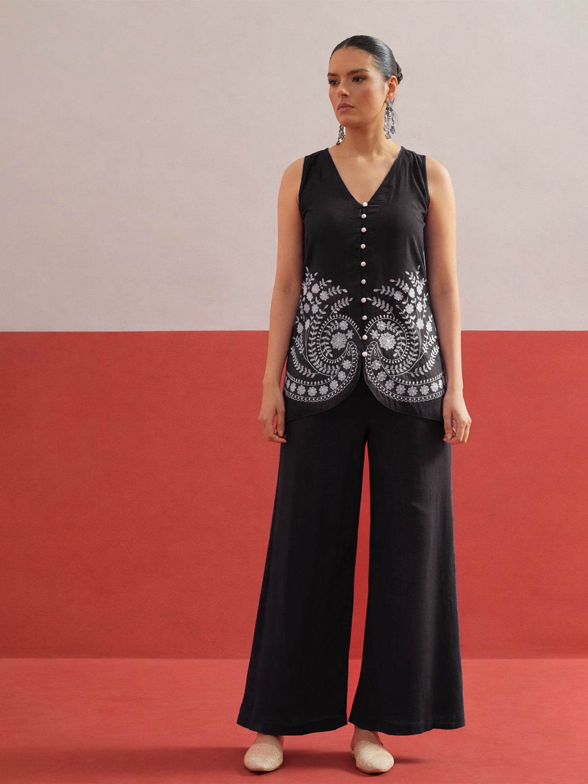 Black Embroidered Sleeveless Button Down Top With Palazzos-Shae by SASSAFRAS