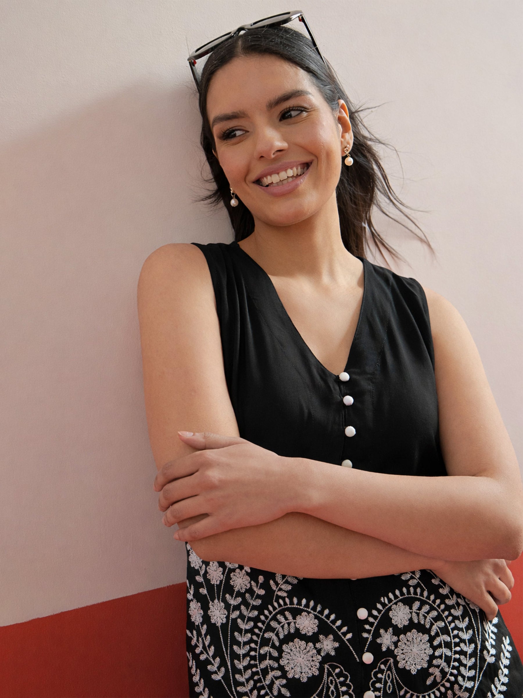 Black Embroidered Sleeveless Button Down Top With Palazzos-Shae by SASSAFRAS