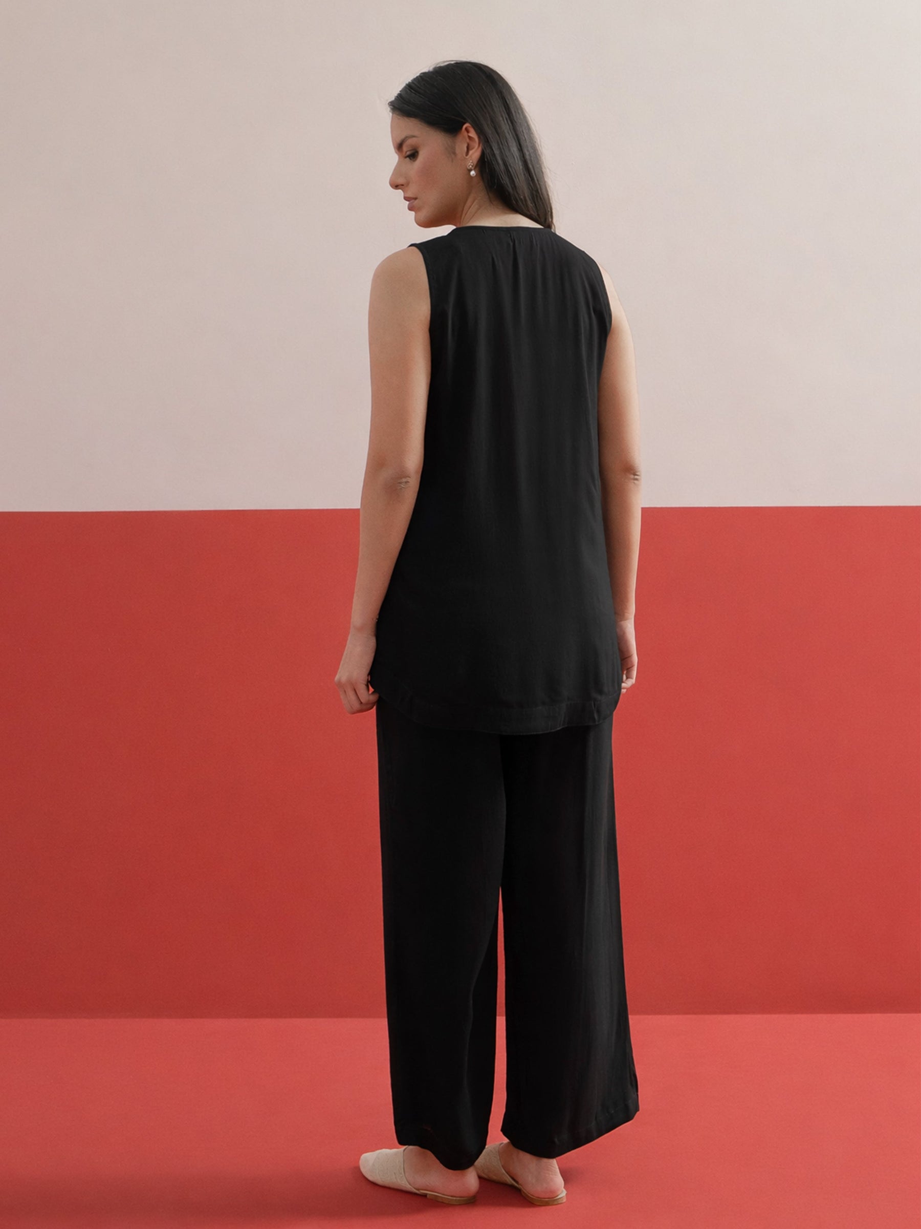 Black Embroidered Sleeveless Button Down Top With Palazzos-Shae by SASSAFRAS