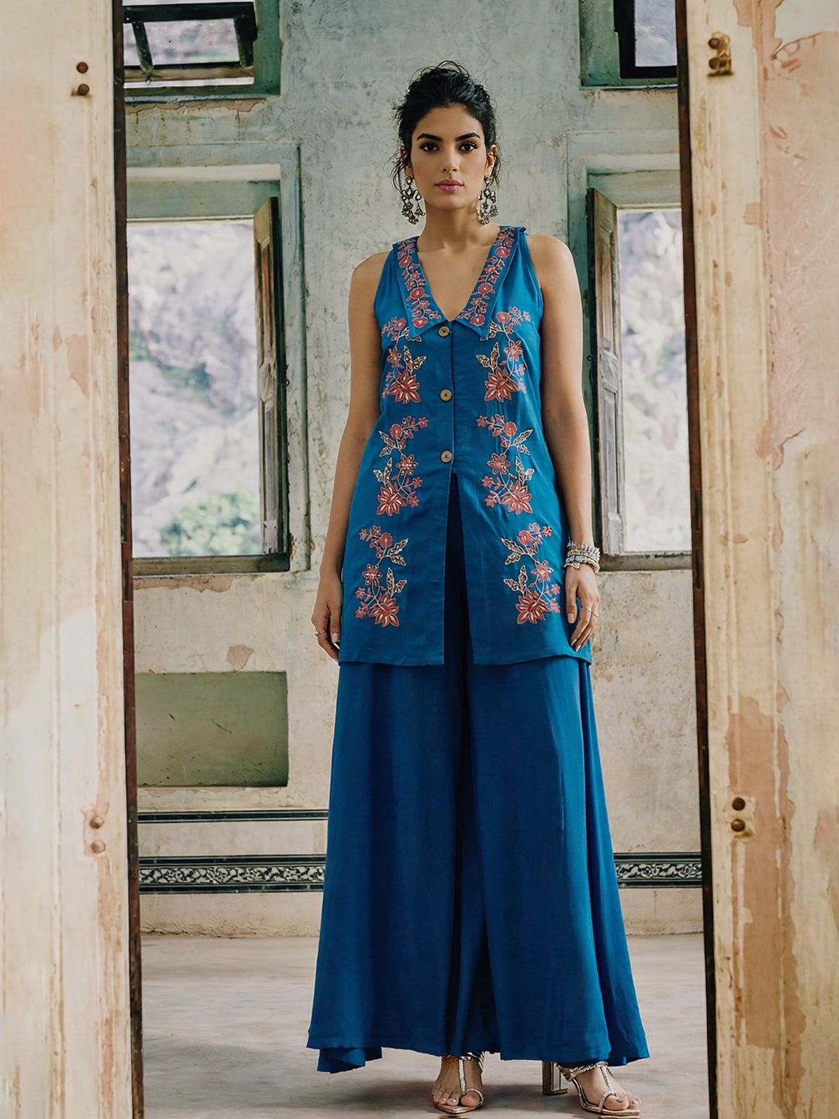 Blue Embroidered Front Button Top With Palazzos-Shae by SASSAFRAS