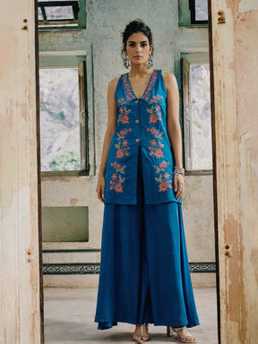Blue Embroidered Front Button Top With Palazzos-Shae by SASSAFRAS