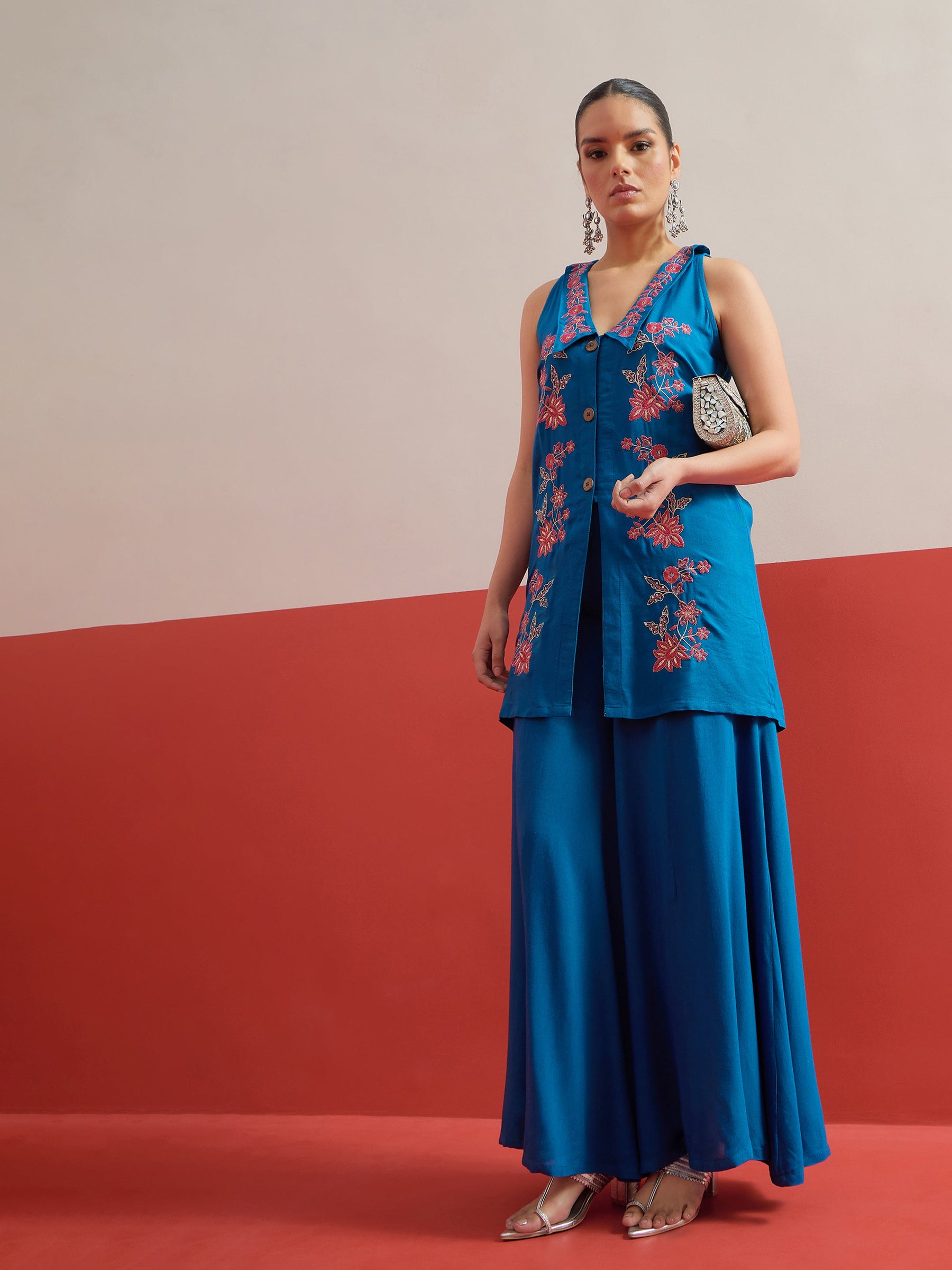 Blue Embroidered Front Button Top With Palazzos-Shae by SASSAFRAS