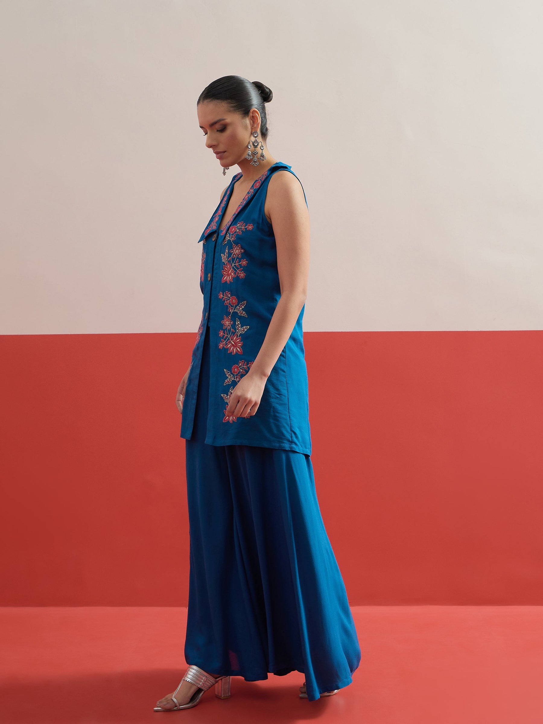 Blue Embroidered Front Button Top With Palazzos-Shae by SASSAFRAS