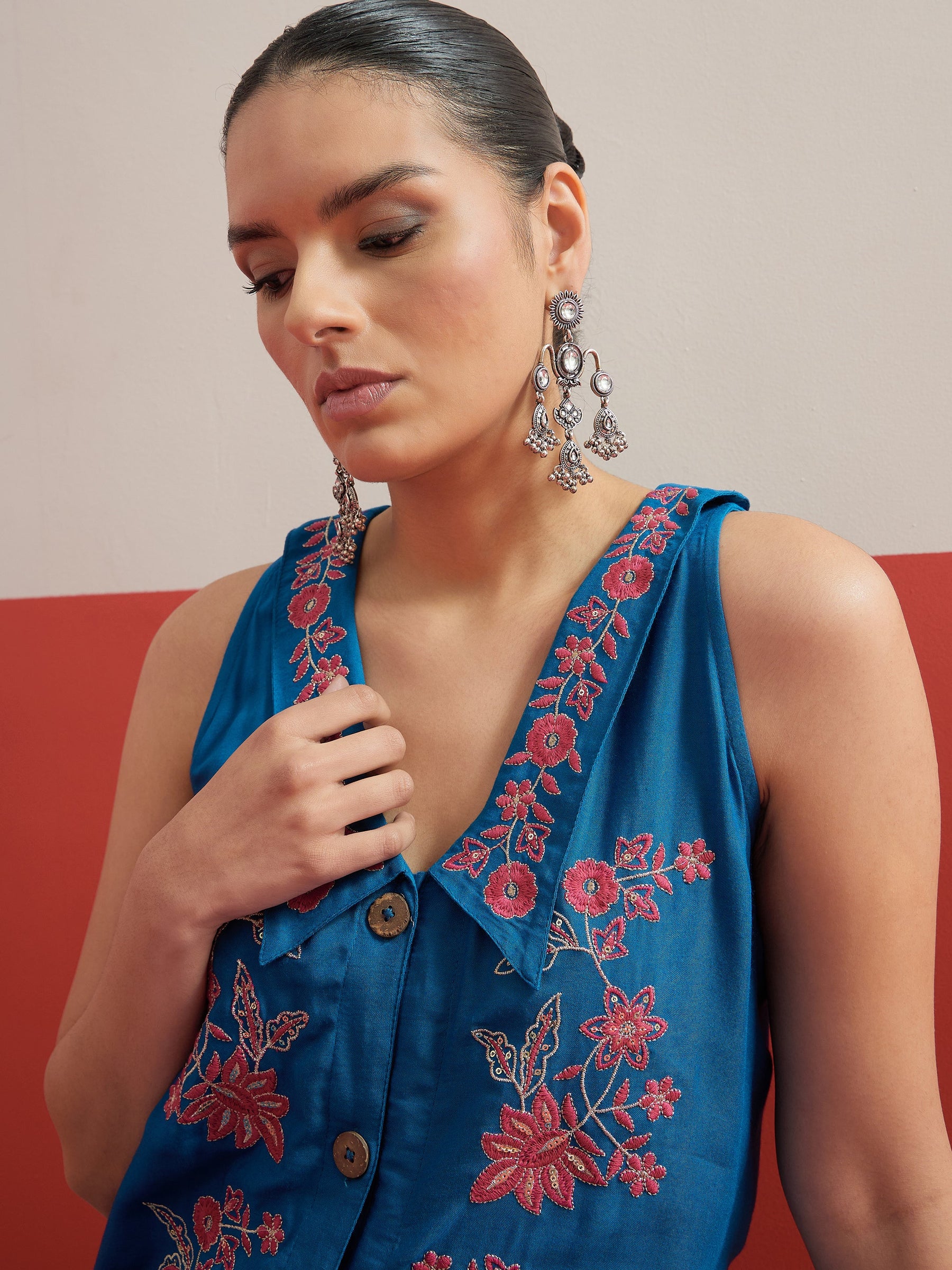 Blue Embroidered Front Button Top With Palazzos-Shae by SASSAFRAS