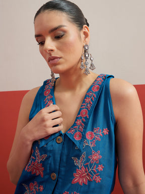 Blue Embroidered Front Button Top With Palazzos-Shae by SASSAFRAS