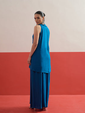 Blue Embroidered Front Button Top With Palazzos-Shae by SASSAFRAS