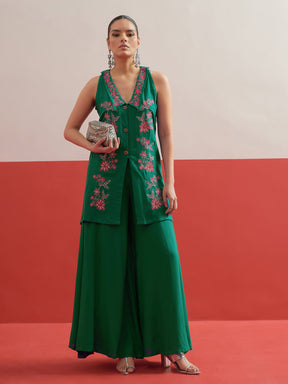 Green Embroidered Front Button Top With Palazzos-Shae by SASSAFRAS