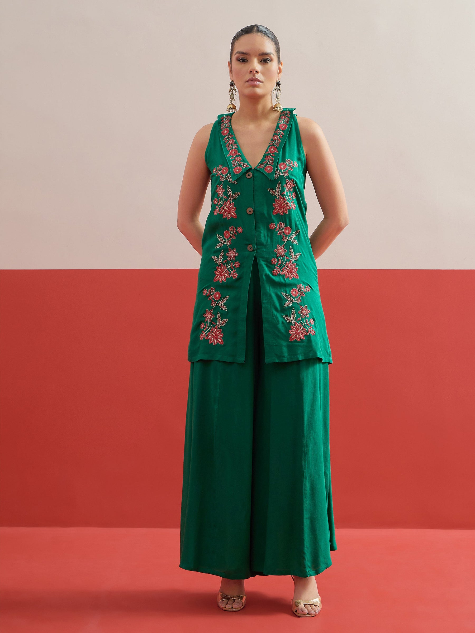 Green Embroidered Front Button Top With Palazzos-Shae by SASSAFRAS