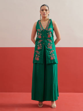 Green Embroidered Front Button Top With Palazzos-Shae by SASSAFRAS