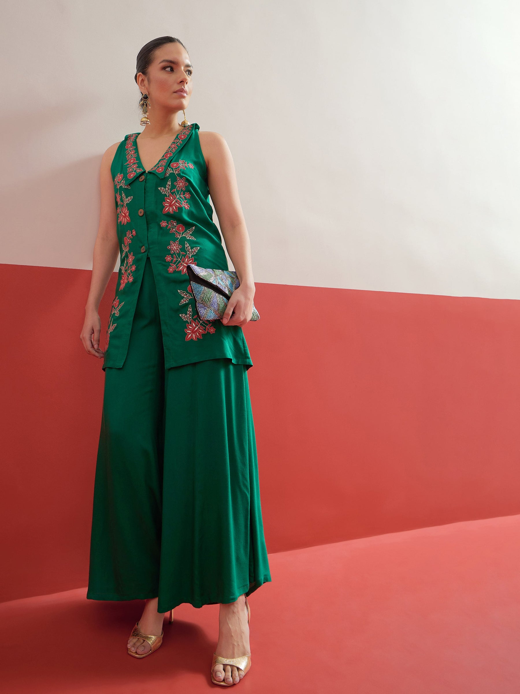 Green Embroidered Front Button Top With Palazzos-Shae by SASSAFRAS