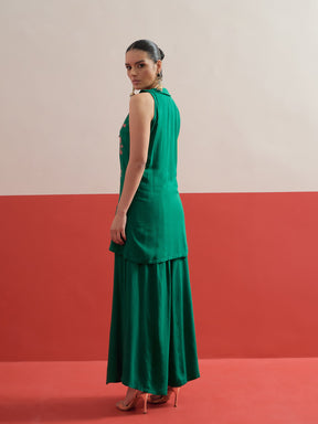 Green Embroidered Front Button Top With Palazzos-Shae by SASSAFRAS