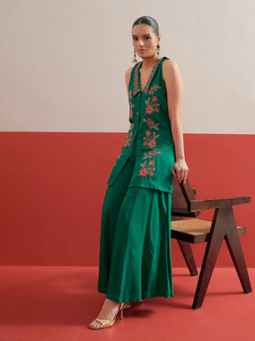 Green Embroidered Front Button Top With Palazzos-Shae by SASSAFRAS