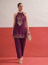Burgundy Foil Print Halter Neck Kurta With Pants-Shae by SASSAFRAS