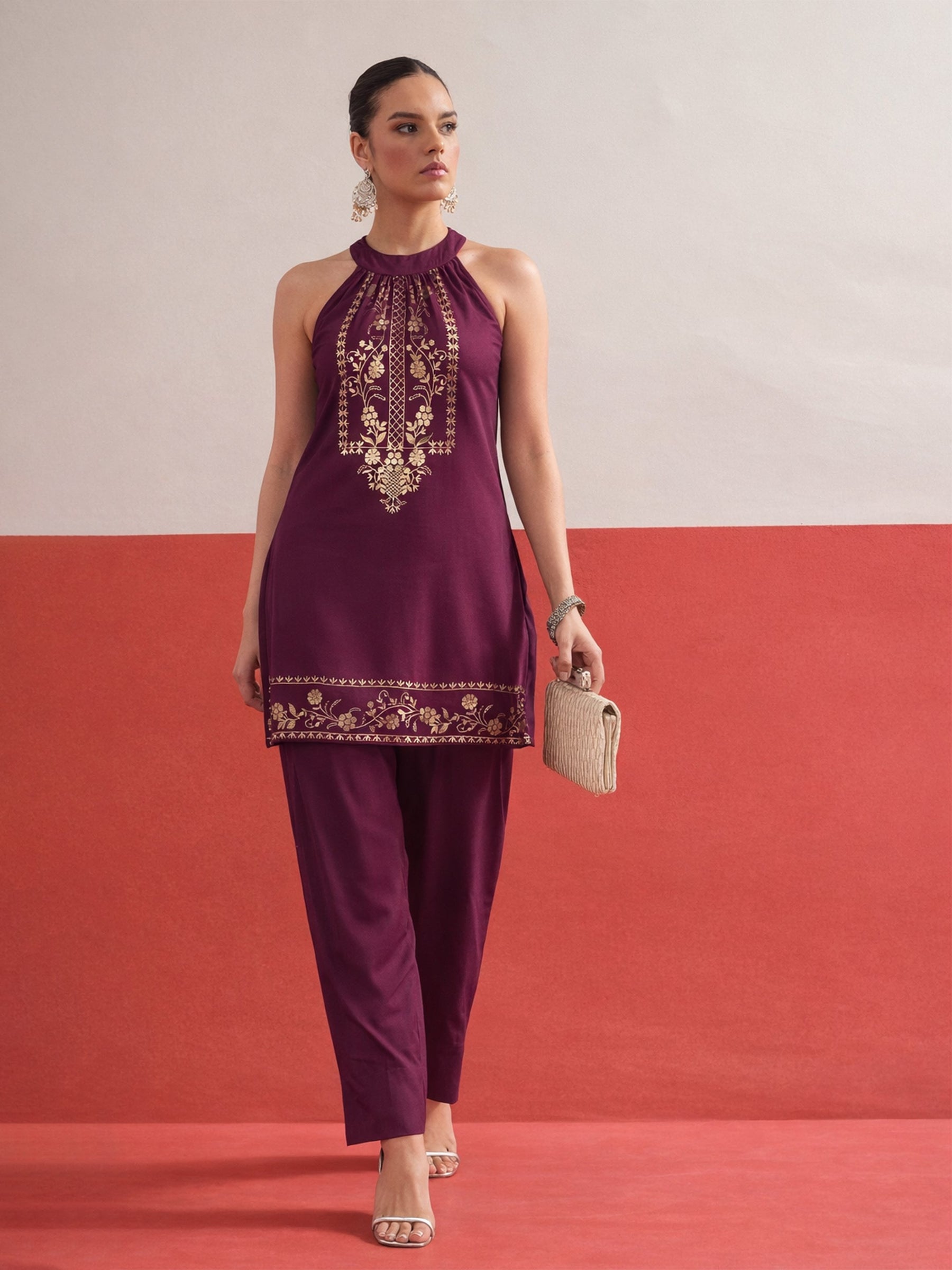 Burgundy Foil Print Halter Neck Kurta With Pants-Shae by SASSAFRAS