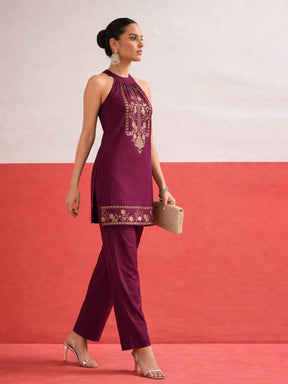 Burgundy Foil Print Halter Neck Kurta With Pants-Shae by SASSAFRAS