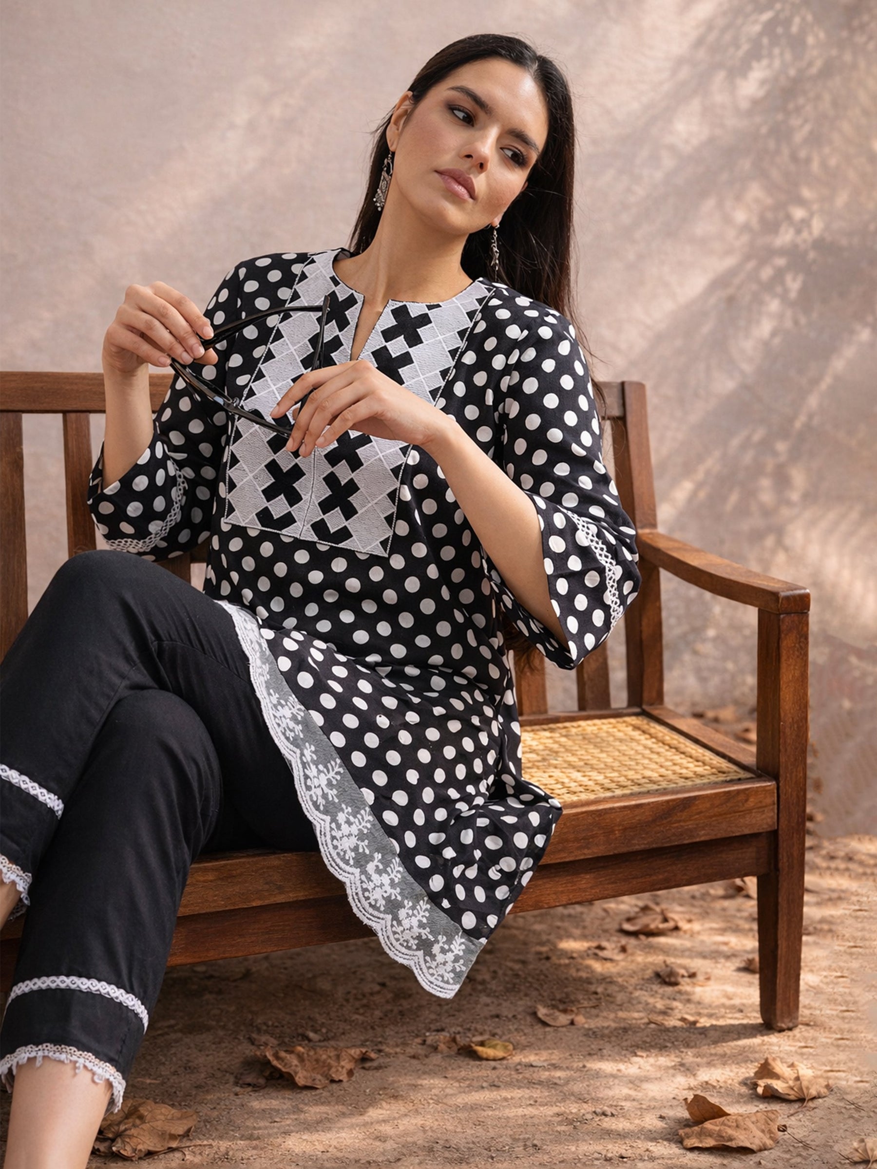Black Polka Dot Embroidered Short Kurti With Pencil Pants -Shae by SASSAFRAS