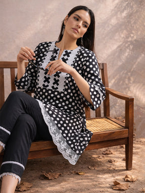 Black Polka Dot Embroidered Short Kurti With Pencil Pants -Shae by SASSAFRAS