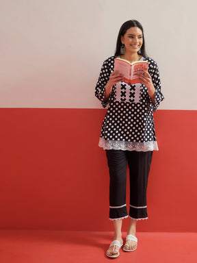 Black Polka Dot Embroidered Short Kurti With Pencil Pants -Shae by SASSAFRAS