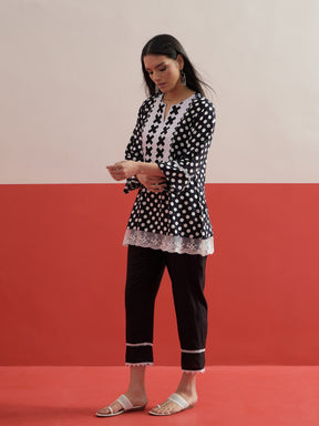 Black Polka Dot Embroidered Short Kurti With Pencil Pants -Shae by SASSAFRAS