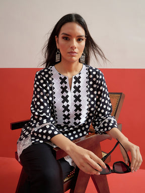 Black Polka Dot Embroidered Short Kurti With Pencil Pants -Shae by SASSAFRAS