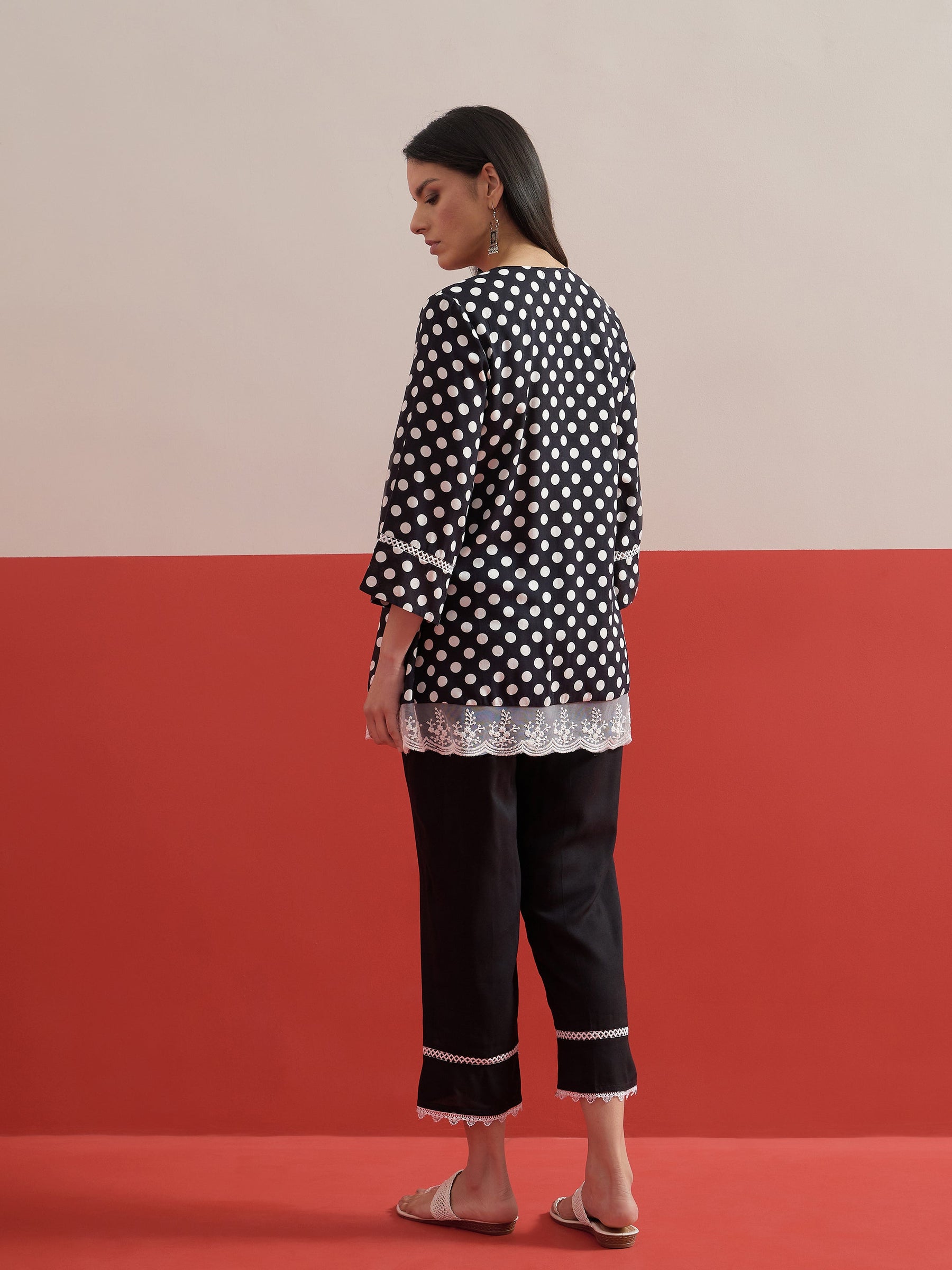Black Polka Dot Embroidered Short Kurti With Pencil Pants -Shae by SASSAFRAS