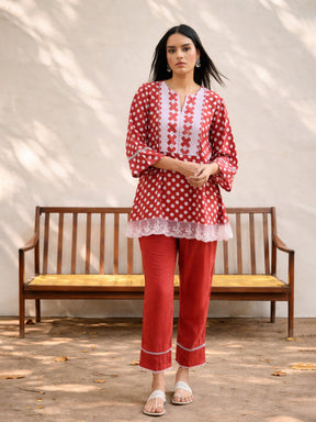 Red Polka Dot Embroidered Short Kurti With Pencil Pants -Shae by SASSAFRAS