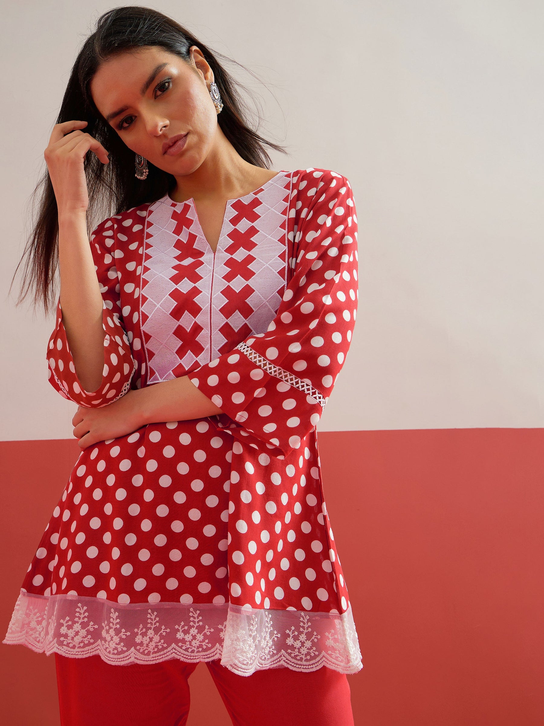 Red Polka Dot Embroidered Short Kurti With Pencil Pants -Shae by SASSAFRAS