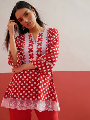 Red Polka Dot Embroidered Short Kurti With Pencil Pants -Shae by SASSAFRAS