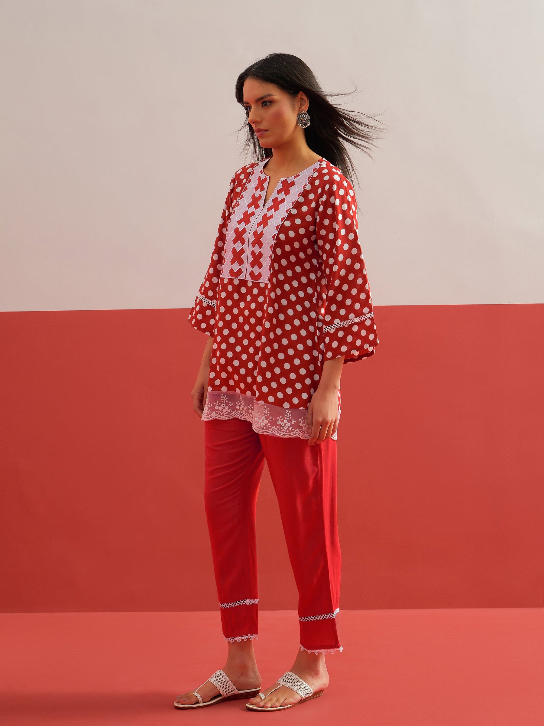 Red Polka Dot Embroidered Short Kurti With Pencil Pants -Shae by SASSAFRAS