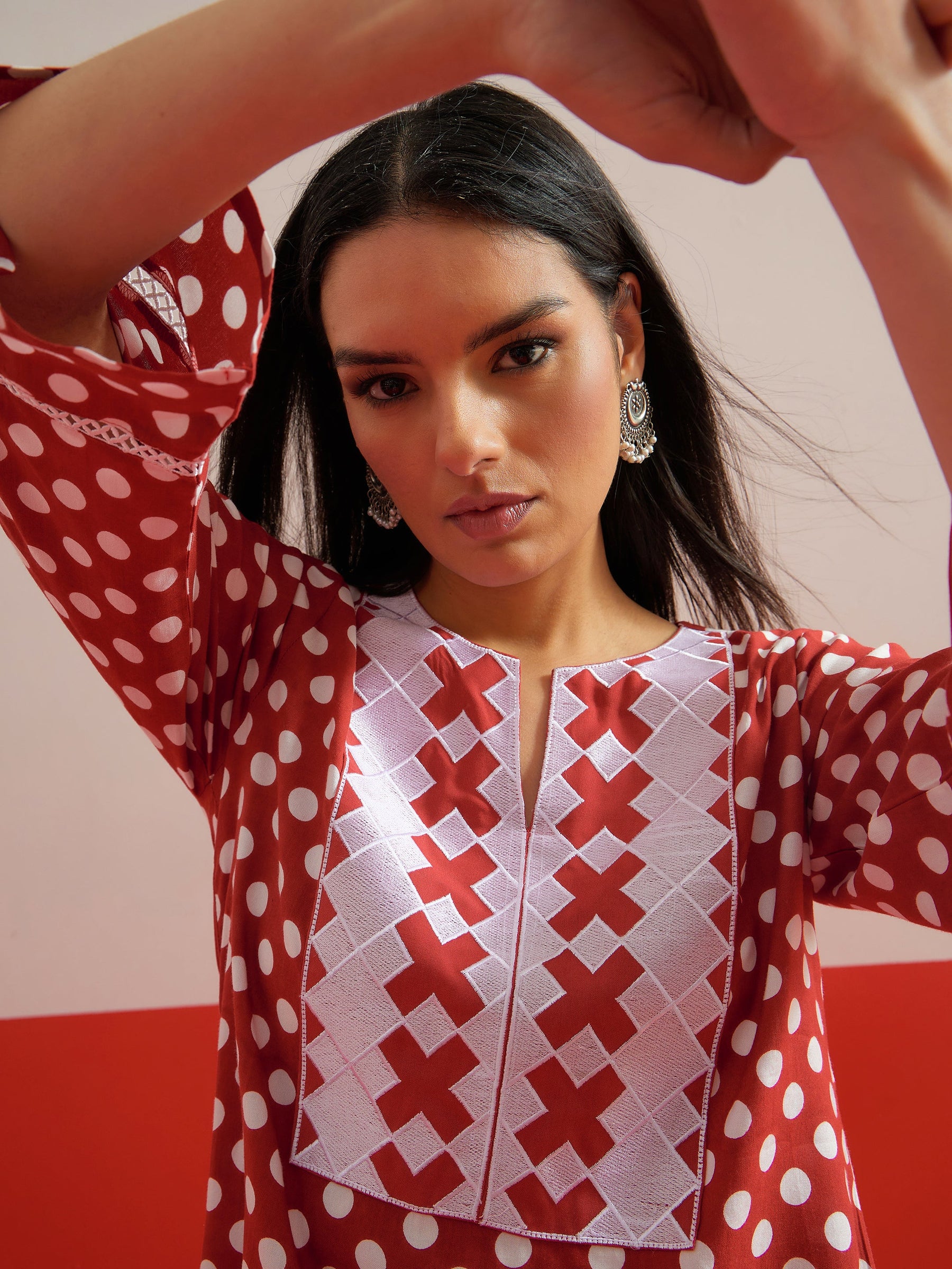 Red Polka Dot Embroidered Short Kurti With Pencil Pants -Shae by SASSAFRAS