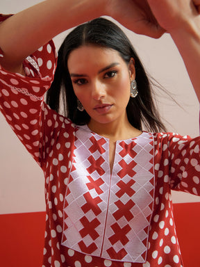 Red Polka Dot Embroidered Short Kurti With Pencil Pants -Shae by SASSAFRAS