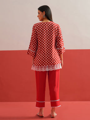 Red Polka Dot Embroidered Short Kurti With Pencil Pants -Shae by SASSAFRAS