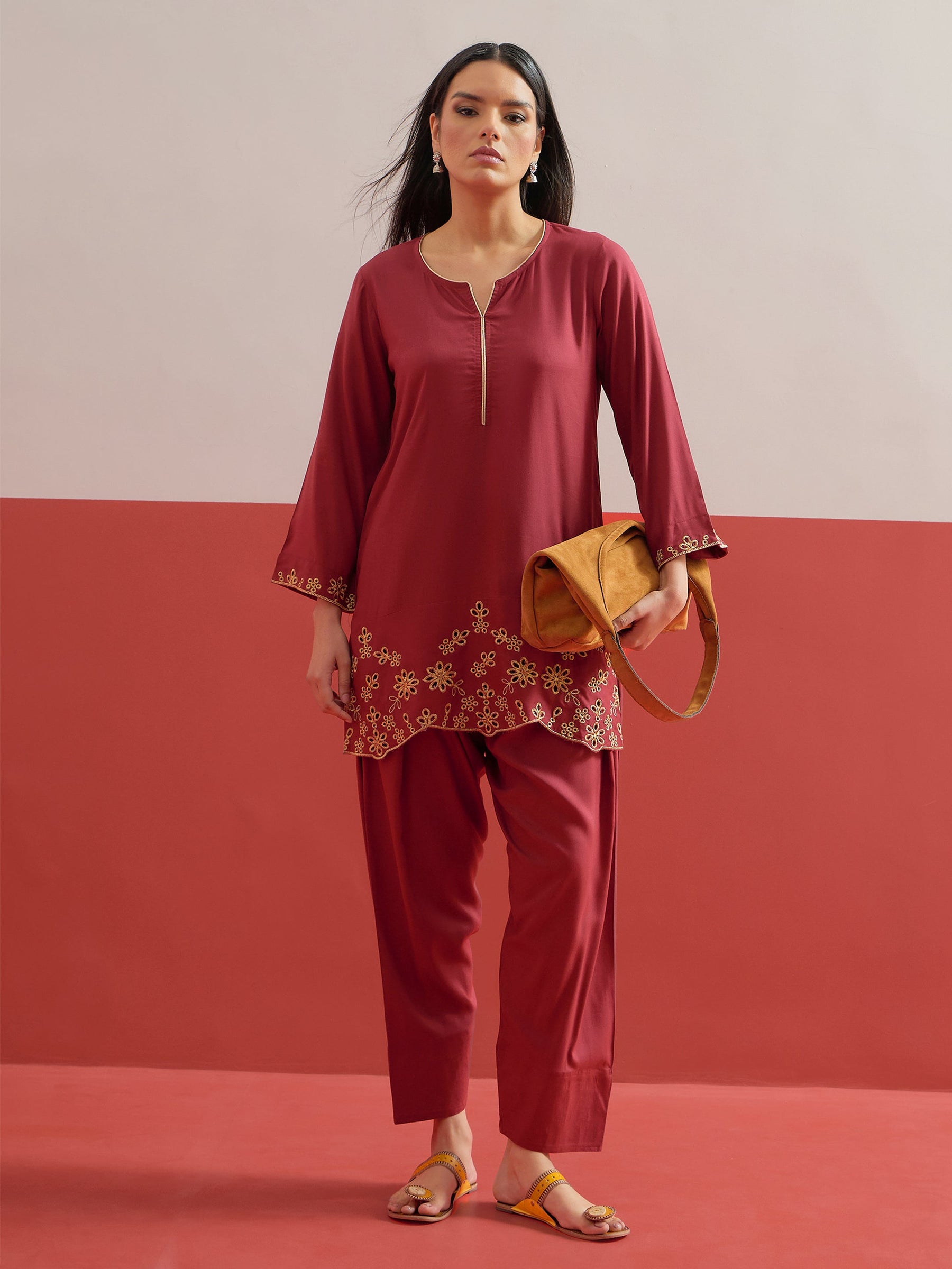 Maroon Zari Embroidered Short Kurti With Farshi Salwar-Shae by SASSAFRAS