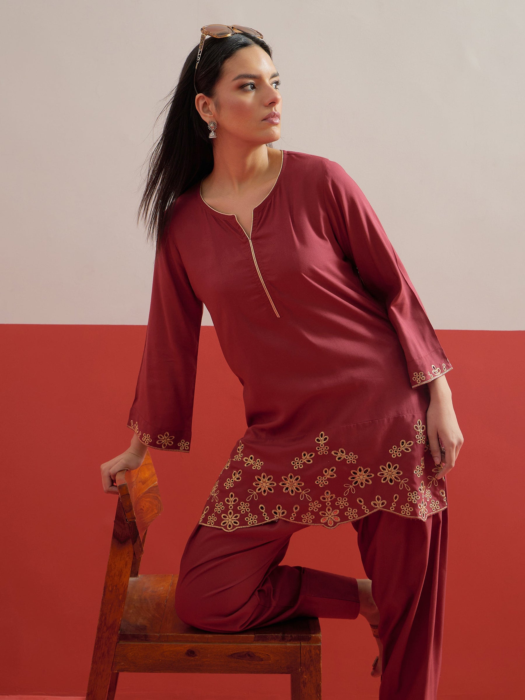 Maroon Zari Embroidered Short Kurti With Farshi Salwar-Shae by SASSAFRAS