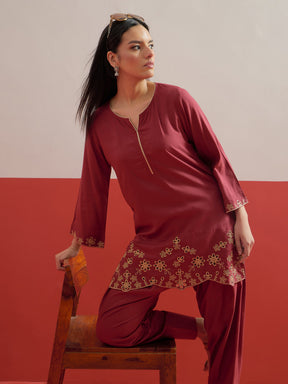 Maroon Zari Embroidered Short Kurti With Farshi Salwar-Shae by SASSAFRAS