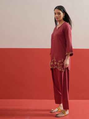 Maroon Zari Embroidered Short Kurti With Farshi Salwar-Shae by SASSAFRAS