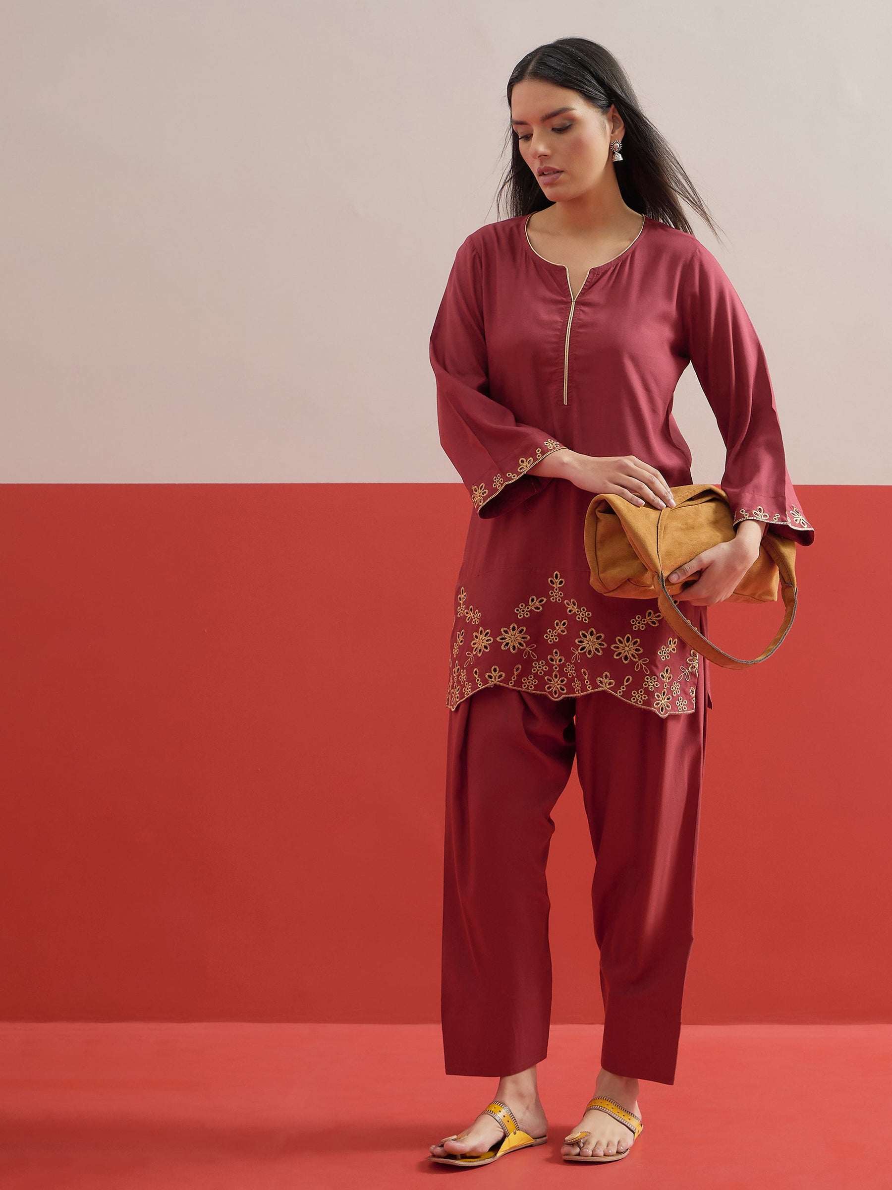 Maroon Zari Embroidered Short Kurti With Farshi Salwar-Shae by SASSAFRAS