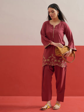 Maroon Zari Embroidered Short Kurti With Farshi Salwar-Shae by SASSAFRAS