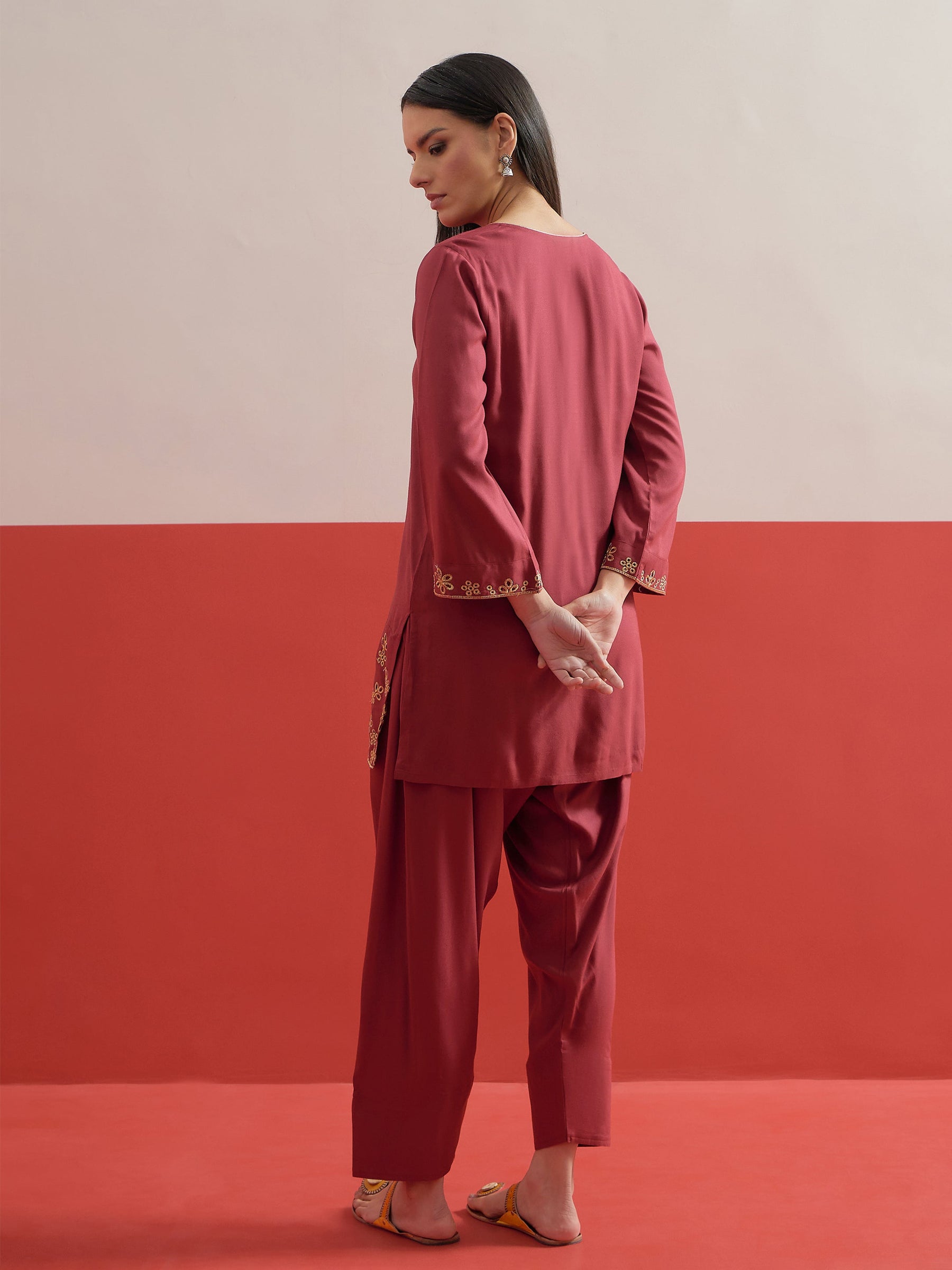 Maroon Zari Embroidered Short Kurti With Farshi Salwar-Shae by SASSAFRAS