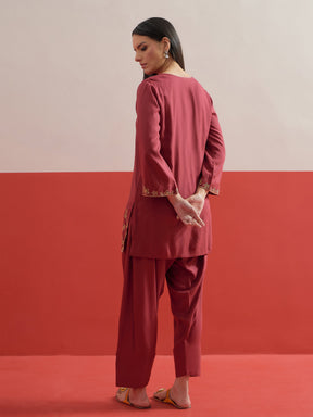 Maroon Zari Embroidered Short Kurti With Farshi Salwar-Shae by SASSAFRAS