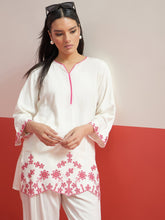White Thread Embroidered Short Kurti With Farshi Salwar-Shae by SASSAFRAS