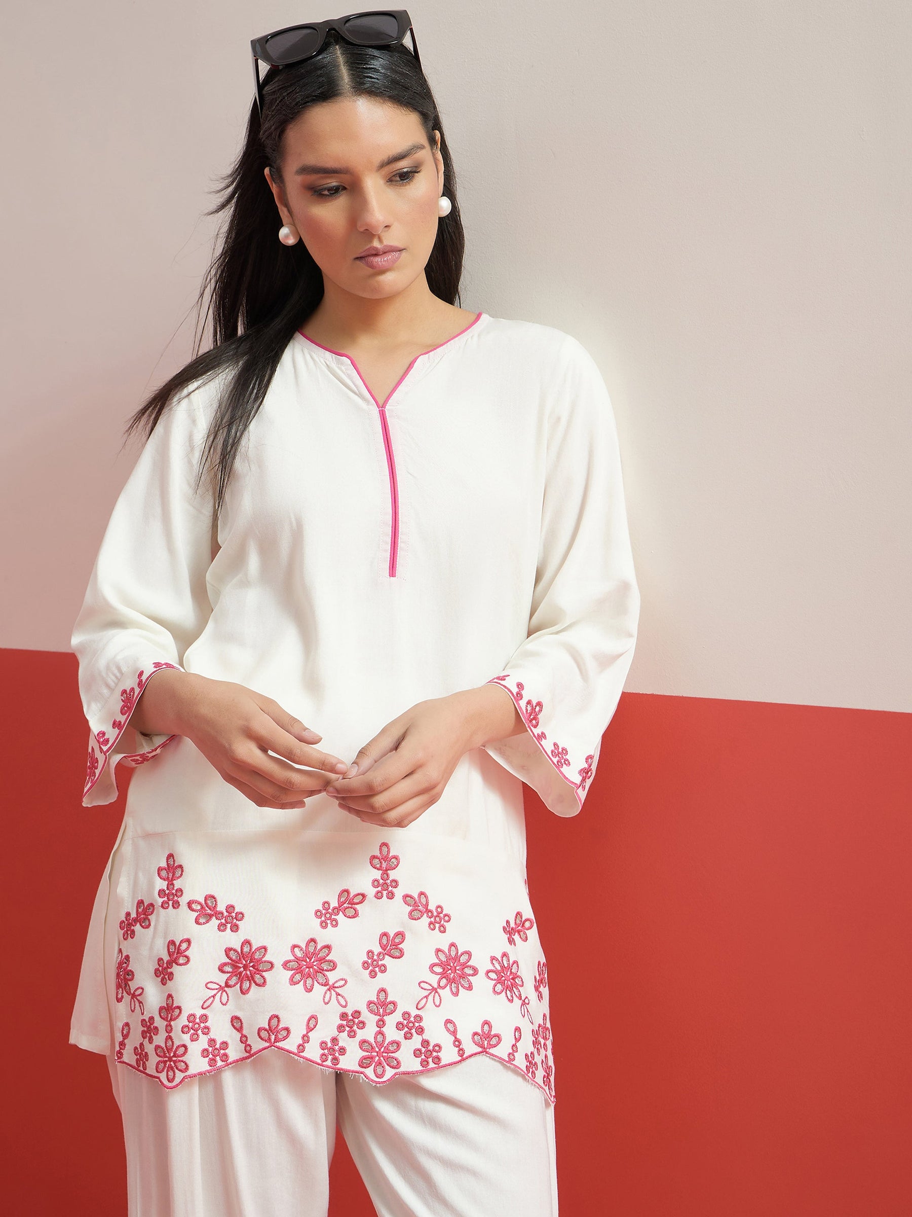 White Thread Embroidered Short Kurti With Farshi Salwar-Shae by SASSAFRAS